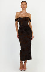 Karlene Midi Dress - Ruched Corset Burnout Dress in Black and Brown