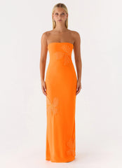Sassafras Beaded Flower Strapless Maxi Dress - Orange