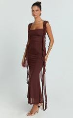 Rosha Midi Dress - Ruffle Strap Dress in Chocolate