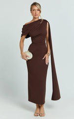 Visenta Midi Dress - Asymmetrical Sleeve Dress in Brown