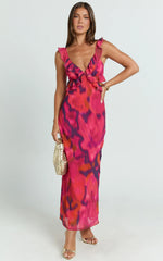 Alessa Midi Dress - V Neck Frill Detail Empire Waist Back Cut Out Dress in Adeana Print