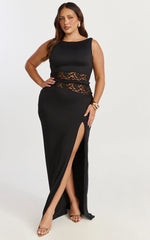 Alberta Maxi Dress - Spliced Sheer Lace Column Dress in Black