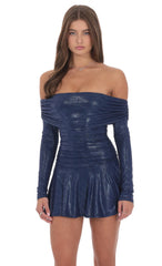 Off Shoulder Foil Flare Dress in Navy