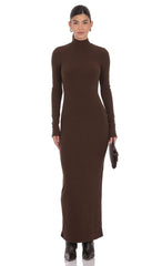 Ribbed Knit Mock Neck Maxi Dress in Brown