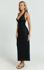 Lyla Midi Dress - Tie Front Plunge Halter Linen Blend Dress in Black