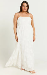 Claya Midi Dress - Sleeveless Straight Neckline Floral Detail Dress in White Embroidery